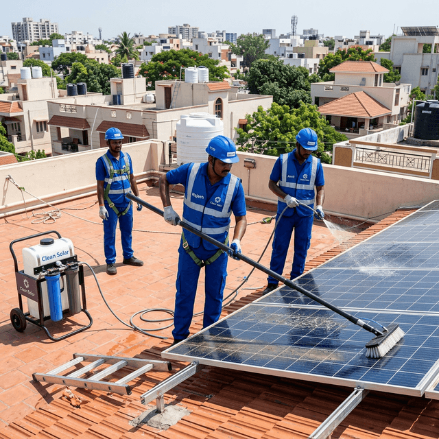 Clean Solar professional team cleaning solar panels in Wardha